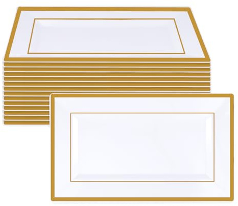 KEILEOHO Lot de 15 assiettes de service rectangulaires en plastique blanc avec bord doré - 33 x 20 x 1,5 cm - Pour entrées, buffet, restauration, anniversaires et mariages