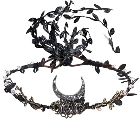 ZAHD Mondelfen Kopfschmuck Waldgeweih Krone Fee Göttinnen Diadem Feenkönigin Heiligenschein Mond Wald Halloween Heiligenschein Mond Wald Haargirlande für Frauen Halloween Cosplay