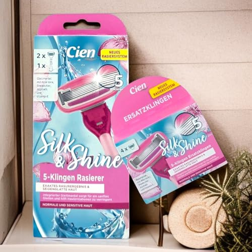 Cien Silk & Shine Damenrasierer Set,Komplettset mit 1 Griff & 6 Ersatzklingen (5-Klingen-System), mit Aloe Vera & Sheabutter für empfindliche Haut
