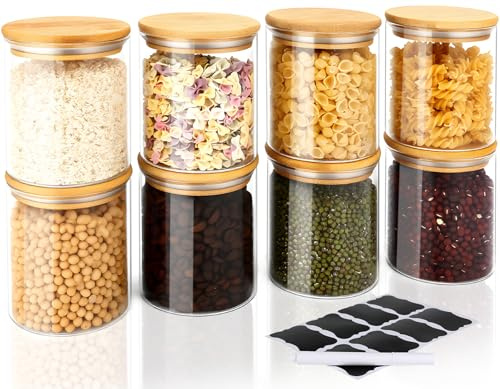 FoiiLiio Bocaux en Verre de 400 ml Lot de 8 Bocal en Verre avec Couvercle en Bambou Φ8.0x10.0cm Bocaux Rangement Cuisine en Verre, Pot en verre, Bocal en verre Hermétique pour Céréales, Haricots