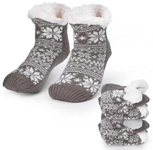 GoaePode 2 Paar Damen Kuschelsocken Warme Stoppersocken, Weihnachts-Schneeflocken-Socken mit Flauschigem Fleece-Futter, Weihnachtssocken mit Rutschfest für Winter, Weihnachten, Hütte Geschenke, Grau
