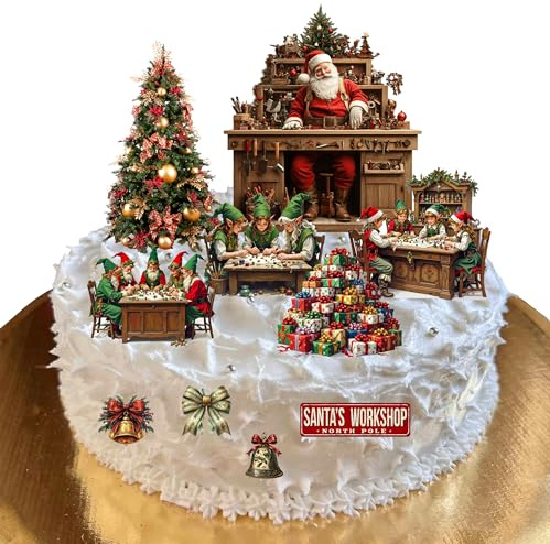 Cake Scene Vintage Christmas Santa's Workshop Themed Edible Wafer Paper Cake Topper Decoration