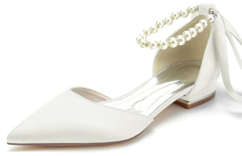LRMYMHY Bailarinas De Novia De Satén Marfil con Punta Afilada Y Tira Al Tobillo, Zapatos De Boda para Novia, Fiesta De Graduación, Vestido De Tarde,Marfil,36 EU
