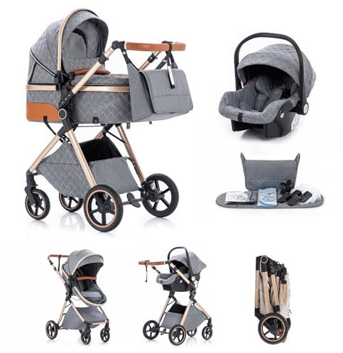 Kakbgee 3 in 1 Kinderwagen, Buggy Kompakte Faltbar,Höhenverstellbarer Griff | Kinderwagen mit Babyschale, 4-Rad Federung, Regenschutz, Moskitonetz, Kombikinderwagen für Neugeborene 0-3 Jahre (15kg), Grau