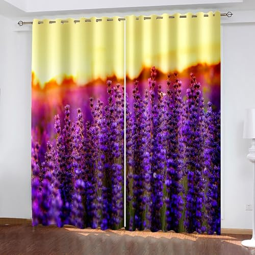 Wycian Fertiggardinen Ösenvorhang Wohnzimmer Lila Gelb 2 Er Polyester Sonnenuntergang und Lavendel H244 X B107Cm für Schlafzimmer