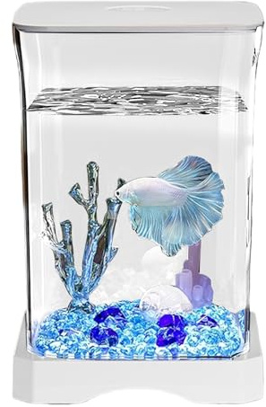 Betta Fish Tank – Akryl 4,65x6,97 tum 350g | Akvarium Tank | Små fiskhus med atmosfärisk korall och turkosa pärlor för skrivbordsdekoration