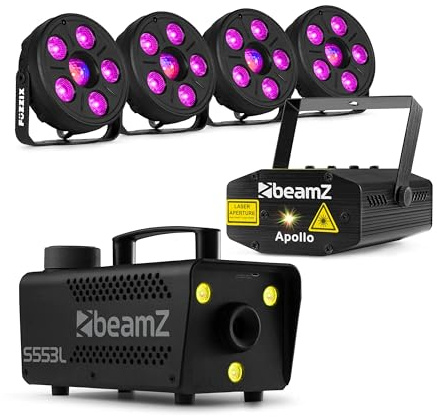BeamZ - Pack de iluminación LED con máquina de humo de 550W | 550W de potencia, densidad de humo ajustable, con efecto LED, para Halloween y fiestas temáticas