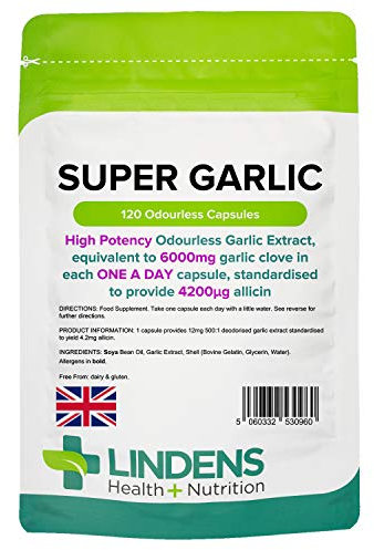 Lindens Hochdosierte Super-Knoblauch 6000 mg Kapseln | 120 Verpackung | Hochdosierter, geruchsloser Knoblauchextrakt, entspricht 6000 mg Knoblauchzehen in jeder Tageskapsel, standardisiert mit 4200 μg Allicin