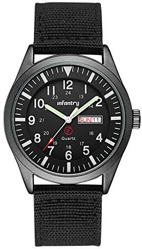 Infantry Mens Military Watch Analogue Causal Black Waterproof Wrist Watches for Men Army Tactical Field Work 12/24 Hour Outdoor Sport Wristwatch with Nylon Strap
