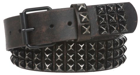 Snap On 1 3/4 Three Row Punk Rock Star Distressed Black Studded Leather Belt, 32