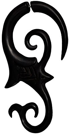 Fake Piercing vått trä rostfritt stål handskuren stor ebenholts mörkbrun dragare | herr dam lob trä expander dragskena spiral krok |unisex örhängen brun svart e rostfritt stål, colore: Fishtail, cod. OHP-203-5