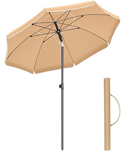 SONGMICS Sombrilla de 200 cm, UPF 50+, Inclinación Bidireccional de 30°, Altura Ajustable, con Bolsa de Transporte, para Balcón Jardín Terraza Playa, sin Base, Topo GPU65BRV1