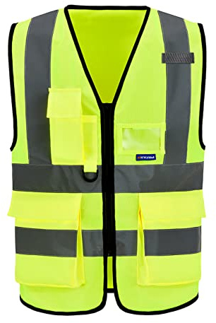 A-SAFETY 7pocket High Visibility Safety Vest Zipper, Construction Vest Reflective Strips ANSI/ISEA Standards for Motorcycle, Running,work, Bicycle Riding Outdoor Activities, Yellow