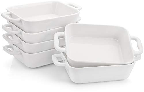 Foraineam 6 Pieces Bakeware Set, White Porcelain Souffle Dishes Creme Brulee Ramekins, 6-1/4 x 4-3/4 inch Rectangular Baking Pans with Double Handles