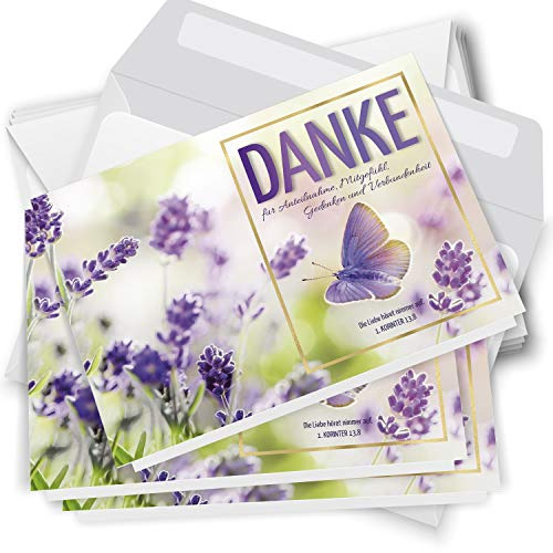 Danksagungskarten Trauer – 10 Klappkarten mit Umschlägen – Motiv: Schmetterling lila – Trauerkarten Danksagung mit Text – Dankeskarten Trauer nach Beerdigung