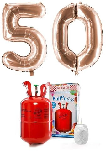 Party Factory – Helium Gasflasche 200L im Set mit XXL Zahlenballon 50 Roségold – Partydeko Ballongas Flasche mit Folienballon & 40 m weißer Ballonschnur – Einwegflaschen mit Knick-Füllventil