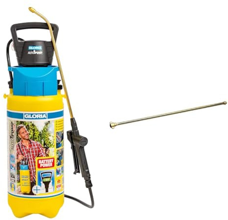 Gloria Drucksprüher AutoPump Set | Gartenspritze | 5 L Füllinhalt | Sprühgerät mit Batterie-/Akku-Betrieb & Messing-Verlangerungsrohr 50 cm Typ 000124.0000