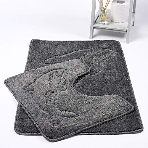 HOMES-LINEN Dolphin Bath Mats Non Slip Bathroom Mats 2 Piece Pedestal and Bath Mat Set Toilet Bathroom Rug (Grey)