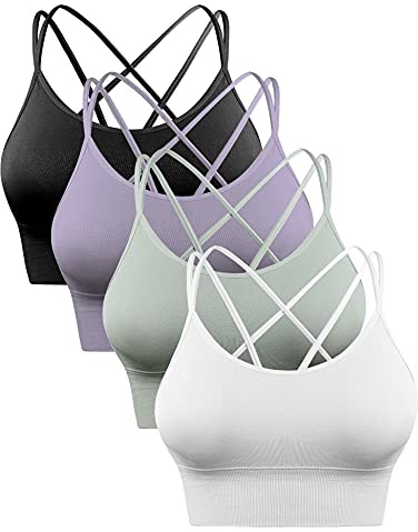 Sykooria Sport-BH dam, vadderad bustier, dambehå utan bygel, spagettiband, korsad rygg, design, push up bh, sportbh, topp för yoga, fitness, A-svart + violett + grön + vit, M