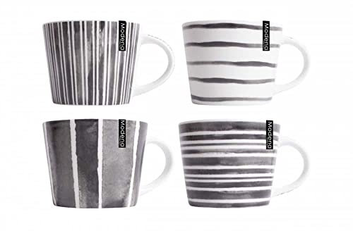 YöL Set of 4 Mugs Stripe Porcelain Mug Coffee Tea Cup 15oz Home Kitchen Grey White Large