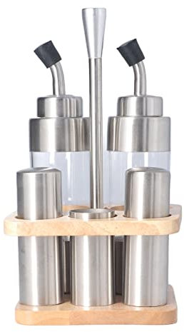 CUEI Set Dispenser Olio e Aceto, Il Set di ampolle in Acciaio Inossidabile e Vetro da 6 Pezzi Include Una Bottiglia di aceto per Olio, Sale e Pepe, Set di condimenti in Vetro per Cucina, da Tavolo