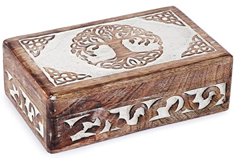 Ajuny Scatola Portagioie in Legno Fatta a Mano – Cofanetto con Albero della Vita Celtico Organizer Multiuso per Gioielli e Ricordi Bauletto Decorativo per Oggetti Preziosi Regalo – 20x13 cm
