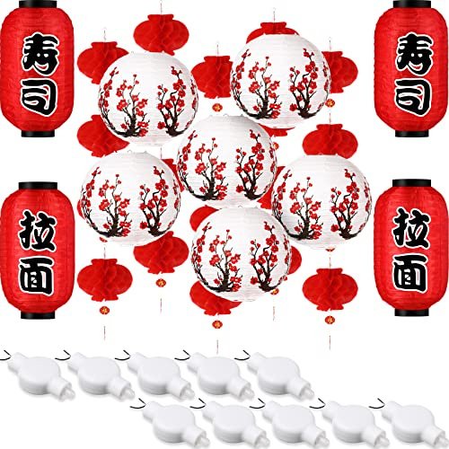 Tuanse 40 Pcs Japanese Chinese Paper Lanterns Decorations LED Cherry Blossom Chinese Red Paper Lantern Lights for Indoor Outdoor(White)