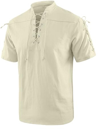 YAOBAOLE Camicia Rinascimentale Uomo in Cotone Lino con Lacci su Petto e Spalle Manica Corta Beige L