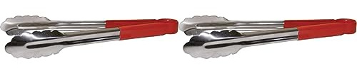 Hygiplas Pro-Grade Colour Coded Kitchen Serving Tongs 300mm, Red, Stainless Steel, Colour Coded Red for Raw Meat, Vinyl Coated Handles | CB154 (Pack of 2)
