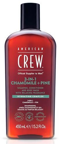 American Crew 3-in-1 Chamomille + Pine, Shampoo Balsamo e Gel Doccia Uomo, Fragranza Calmante e Rilassante Camomilla + Pino, Ammorbidisce e Idrata Corpo e Capelli, 450ml