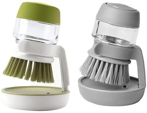 Sharharge Pressing Cleaning Brush with Holder, Soap Dispensing Palm Brush, Multifunctional Kitchen Dish Brush with Handle, Soap Dispensing Brush with Drip Tray Dish Pot Pan Sink Cleaning (Gray+Green)