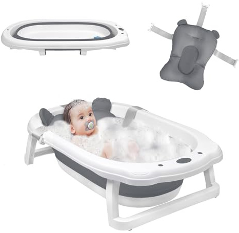 ACXIN Faltbare Babywanne mit Ablauflöchern Geeignet für Kleinkinder bis 8 Jahre, Hitzebeständige, Rutschfeste Fußpolster, Stabiles PP & TPE Plastik, Inklusive Badematte (Grau)