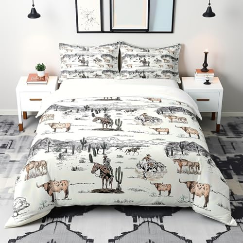 100% Natural Cotton Western Cowboy Bedding Set King Size Vintage Southwest Style Duvet Cover Luxury Light Desert Cactus Cow Horse Animals Comforter Cover for Men Women Room(No Filler)