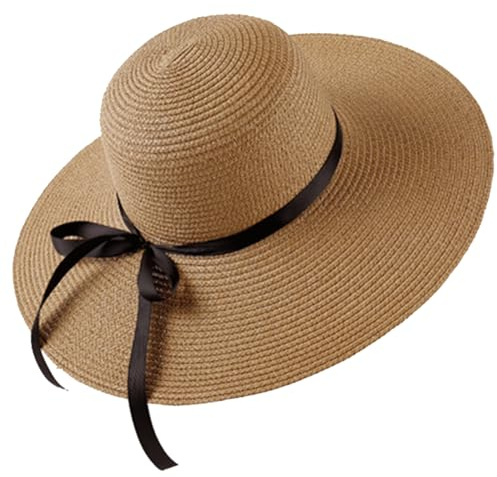 TOPWEL Cappello di paglia da donna a tesa larga, grande, pieghevole, arrotolabile, da spiaggia, cappello da sole, cappello estivo da spiaggia con cinturino regolabile (nero), cachi, Taglia unica