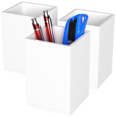AITEE Weiß Acryl Stifthalter: 3 Stück Bleistifthalter Schreibtisch Organizer Quadrat Stifttopf Make-Up Pinselhalter für Büro, Schule, Haushaltsbedarf (7,6 x 7,6 x 10,9 cm)