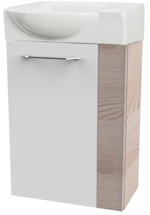 FACKELMANN B.CLEVER Gäste-WC Set 2 Teile – Waschtischunterschrank in Weiß mit Holz Braun mit Waschbecken aus Keramik – SBC Waschbeckenunterschrank schmal – Tür Links – Hahnloch rechts – 45 cm breit