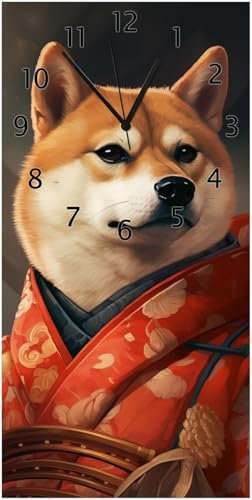 Wallario Design-Wanduhr Samurai Shiba aus Glas, Motiv-Uhr Größe 30 x 60 cm, Schwarze Zeiger