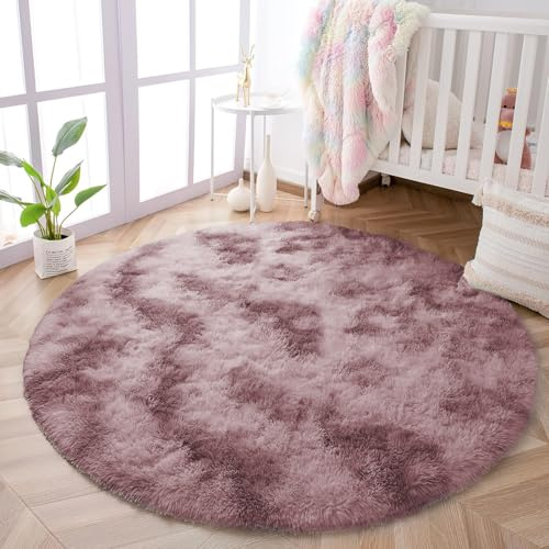 Oxford Homeware Round Rugs Living Room 120x120 CM – Tie-Dye Pink Lilac Area Rugs for Bedroom Non Slip – Modern Super Soft Plush Carpets Fluffy Shaggy Non Shedding Bedside Rug for Kids Room