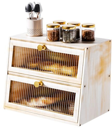 JUATPNIY Vintage Double Layer Bread Box for Kitchen Countertop，Large White Bread Boxes Wooden Breadbox Bread Storage Container Bin Bread Holder(Vintage White)