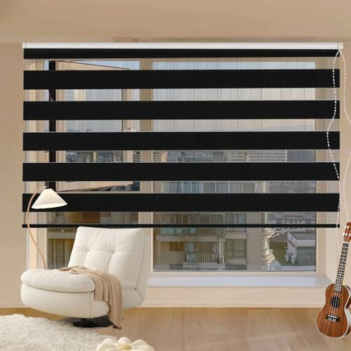 Doppelrollo Klemmfix Verdunkelung 40 x 350 cm Sichtschutz Sonnenschutz Fensterrollo Zebrarollo Seitenzugrollo Inkl. Montagematerial für Schlafzimmer Küche, Schwarz