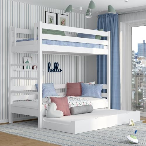 N-wood N03 Etagenbett mit Schublade 90x200 cm, Kinderbett mit Doppelbettfunktion, 2 Leitermontageseiten, abgerundete Kanten, Stabile Massivholzkonstruktion, Hochwertige Materialien, Weiß