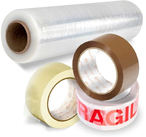 Cinta Adhesiva Transparente, Marrón y frágil y Film Transparente para Embalaje de Cajas y Muebles, Kit de Embalaje, Protección ideal para Envíos y Mudanzas - Ofituria (Kit Seguridad)