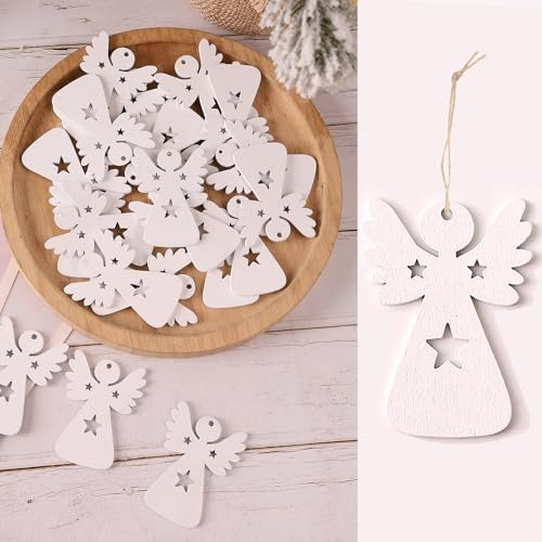 HERZONE 40stk Holz Engel Anhänger Weihnachten Schutzengel Glücksbringer Weihnachtsdekoration (weiß Engel mit Sterne)