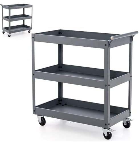 HOMFME 3 Tier Tool Trolley, Heavy-duty Steel Utility Service Cart with Lockable Wheels, Handle, Rolling Tool Storage Organizer Workstation for Garage Warehouse Workshop, 38 x 76 x 78 cm (Grey)
