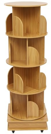 banborba 360 Grad Drehbares Bücherregal, 4 Ebenen 16 Fächer Standregal, Mehrstöckiges bücherschrank, bücher Regal mit Rädern, Massivholz, 46 x 46 x 142cm (Burlywood Farbe)