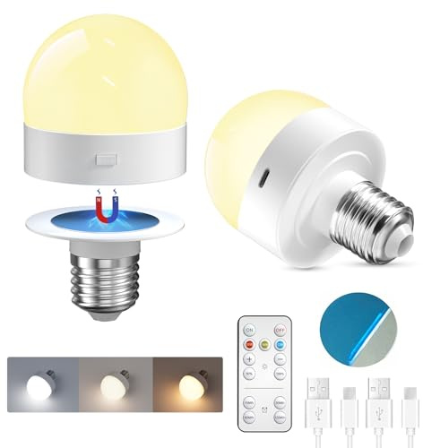 TobeBright Bombilla Recargable USB-C con Casquillo E27, 3 Temperaturas de Color Ajustables, Batería Recargable con Imán para Emergencias, Camping y Noche (2 Unidades)
