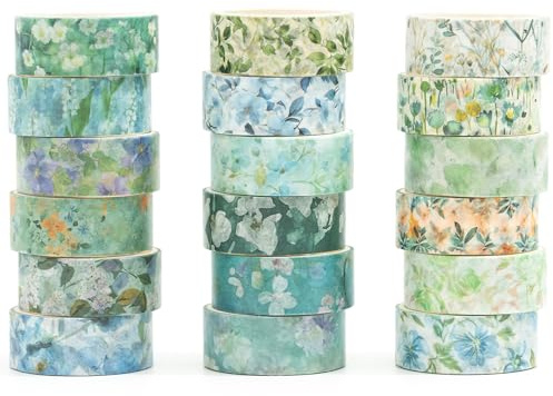 Songdao Blommor Washi Tape set 18 rullar dekorativ tejp färgglad för scrapbooking, bullet dagbok, planerare, presentförpackning (Ocean Breeze)