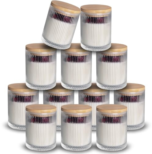 NiHome 12 pezzi portacandele in vetro trasparente con coperchio in bambù, 180 ml contenitori per candele in vetro, ideali per fare candele, portacandele per lumini, contenitori per lumini, candele