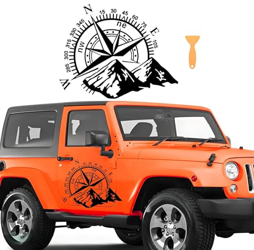 Berg Kompass Autoaufkleber, Wasserdichte Vinyl Auto Aufkleber, Universal Kompass Grafik Sticker Auto Seitentür Karosserie Motorhaube Aufkleber Dekor für SUV Off-Road Wohnmobil LKW (Kompass-Schwarz)