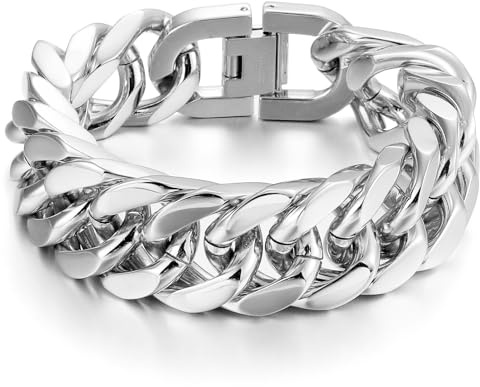 RWQIAN Armband Herren Silber Edelstahl Panzerkette Armbänder 17mm Männer Kubanische Armband 22cm Gliederarmband Geschenke für Papa Sohn Bruder Ehemann